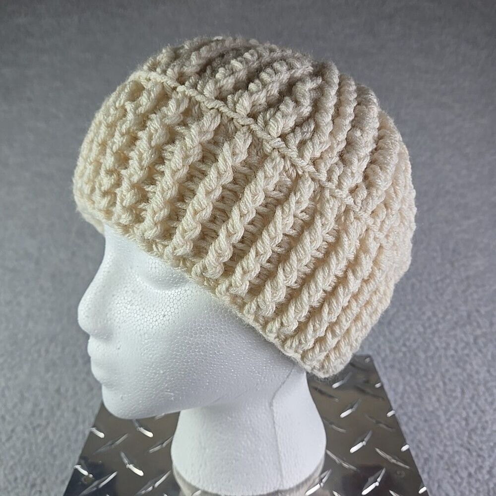 Handmade Knit Beanie Hat OSFM Ivory